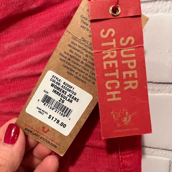 True Religion Red Super Stretch Orange coral Skinny Jeans - Size 26 - Picture 9 of 11
